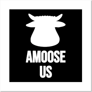 Amoose Us White On Black Cow Or Bull Head With A Silly Pun Posters and Art